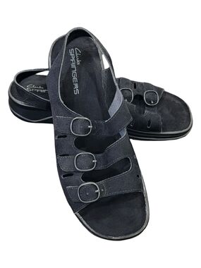Clarks Springers Sunbeat Black Suede Leather 3-Strap Buckle Sandals Women's 10M